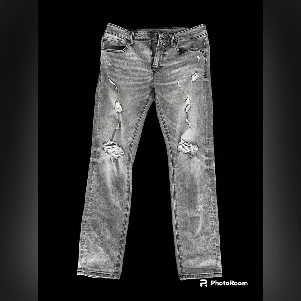 American Eagle 32x30 Skinny Airflex + Plus Grey Distressed Ripped Jeans